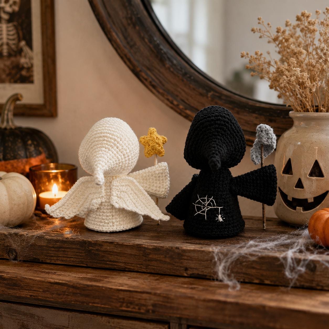 Crochet Ghost Doll Car Dashboard Accessories, Angel & Grim Reaper