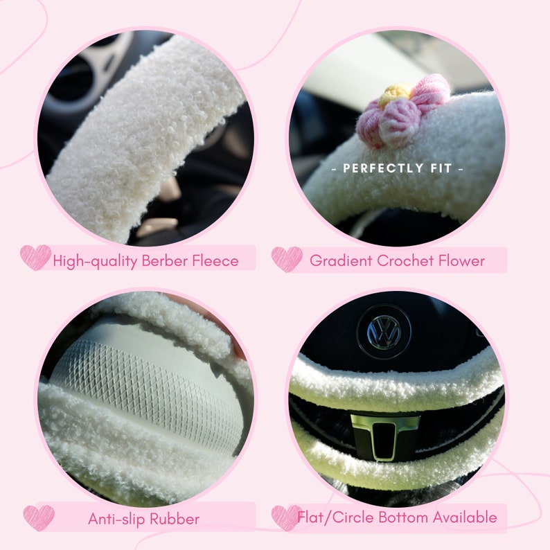 Crochet Floral Fuzzy Steering Wheel Cover, Steering Wheel Cover for Women, Cute Girly Car Accessories for Women image 9