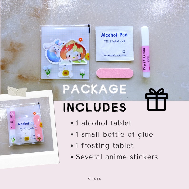 May include: A package containing nail glue, an alcohol pad, a pink nail file, and anime stickers. The package includes an alcohol tablet, a small bottle of glue, and a frosting tablet. The text "PACKAGE INCLUDES" is visible.