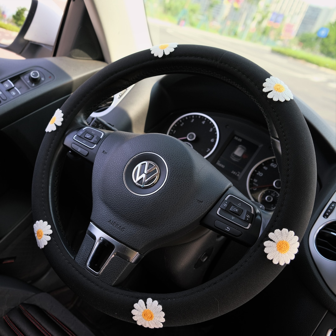 Ice Silk Steering Wheel Cover, Daisy Embroidery Patch Steering Wheel Cover, Cute Car Interior