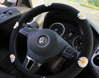 Eisseiden-Lenkradbezug, Gänseblümchen-Stickerei-Patch-Lenkradbezug, süßes Auto-Innenaccessoire für Frauen, Boho-Lenkradbezug