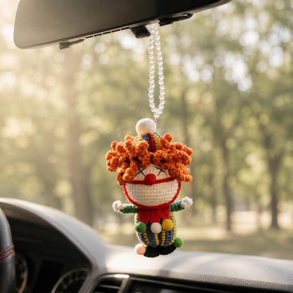 Crochet Carnival Clown Car Mirror Hanging, Halloween Car Rearview