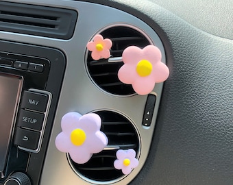 Pastel Flower Car Vent Clips Set, Kawaii Daisy Air Freshener, Car Interior Decor, Pink Car Accessories for Women