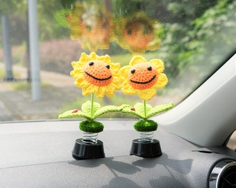 Crochet Smiley Sunflower Car Dashboard Decor, Bobblehead Sunflower Car Interior Accessories for Women, Boho Car Accessory, Car Air Freshener