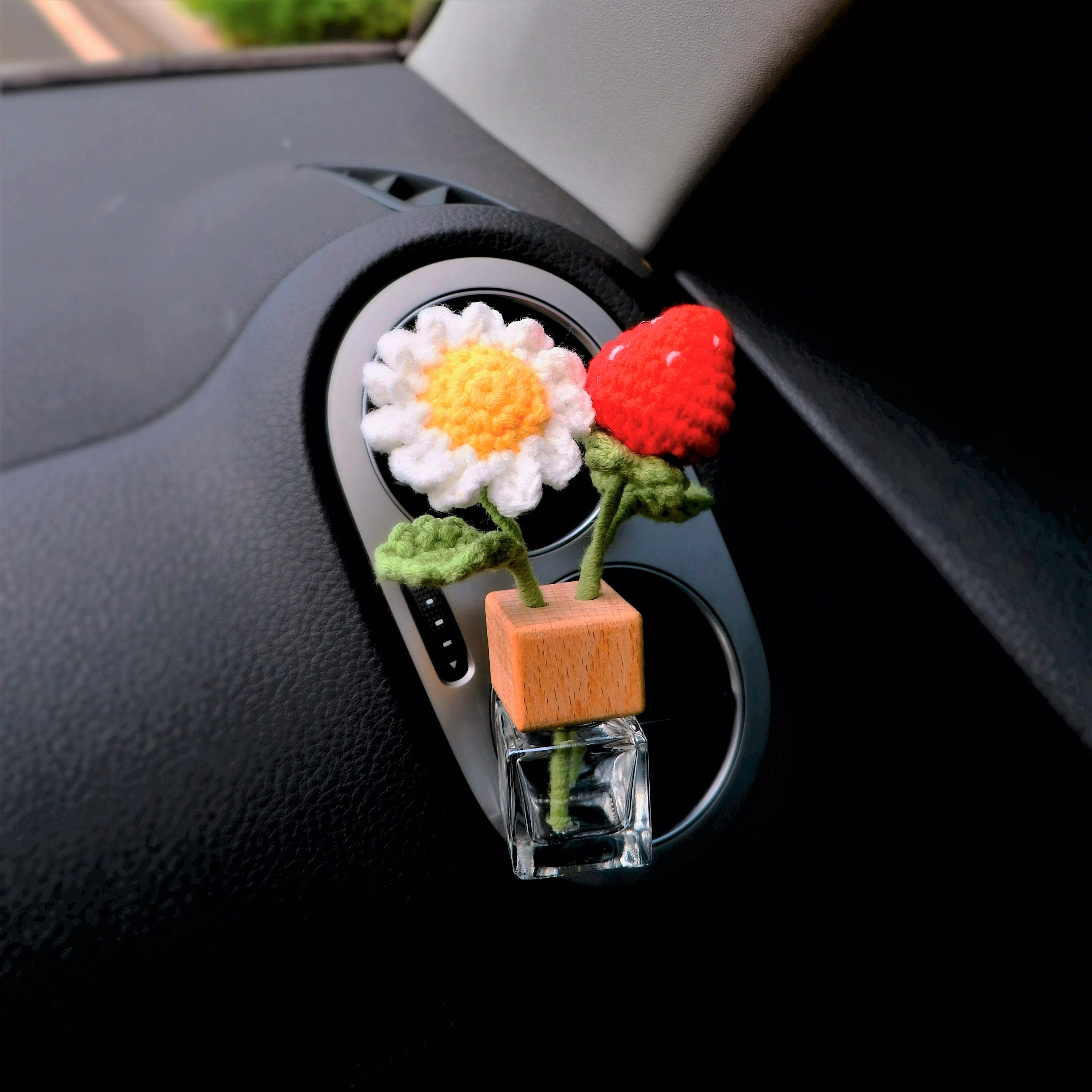 Crochet Strawberry & Daisy Car Air Freshener, Car Plant Vent Clip
