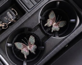Embroidered Butterfly Coaster Set, Velvet Fabric Car Drink Coaster, Kawaii Car Accessories for Women, Cute Car Coasters, Car Cup Holder