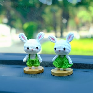 Crochet Bunny Car Dashboard Decor, Dress/Overalls Bunny Car Dashboard Accessories, Anime Interior Car Accessory, Cute Rabbit Desk Decor