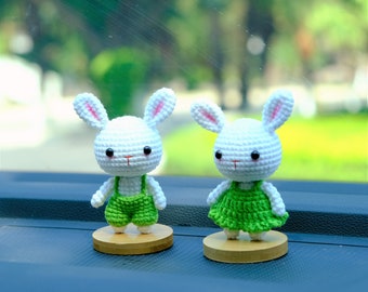 Crochet Bunny Car Dashboard Decor, Dress/Overalls Bunny Car Accessories, Anime Car Interior Accessory Interior, Christmas Gift for Couple