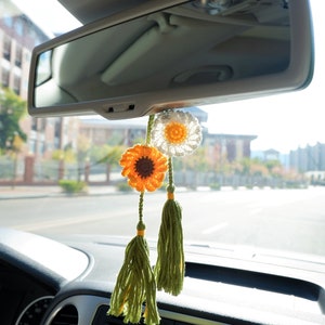 2pcs Crochet Sunflower/daisy Car Hanging Accessories, Tassel Car Rear View  Mirror Hanging Accessory, Boho Car Interior Accessory for Women 