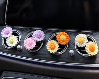 Crochet Daisy Car Vent Clips, Set of 4, 6 or 8 Rainbow Flower Car Air Fresheners, Custom Color Car Interior Decor for Women