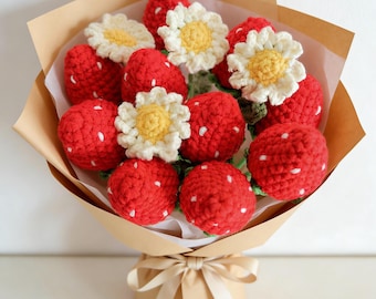 Crochet Strawberry & Daisy Flower Bouquet, Red Strawberry Bunch, Crochet Floral Arrangements, Knitted Everlasting Flower, Office Desk Decor