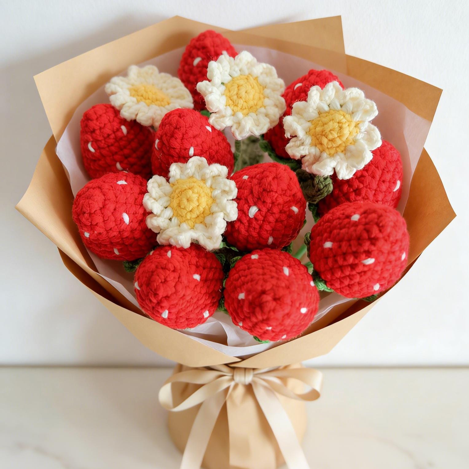 Crochet Strawberry Daisy Bouquet