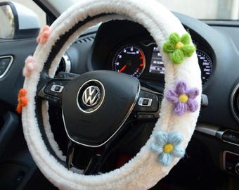 Cute Fluffy Steering Wheel Cover, Crochet Flower Steering Wheel Cover, Floral Steering Wheel Cover for Women, Cute Steering Wheel Covers