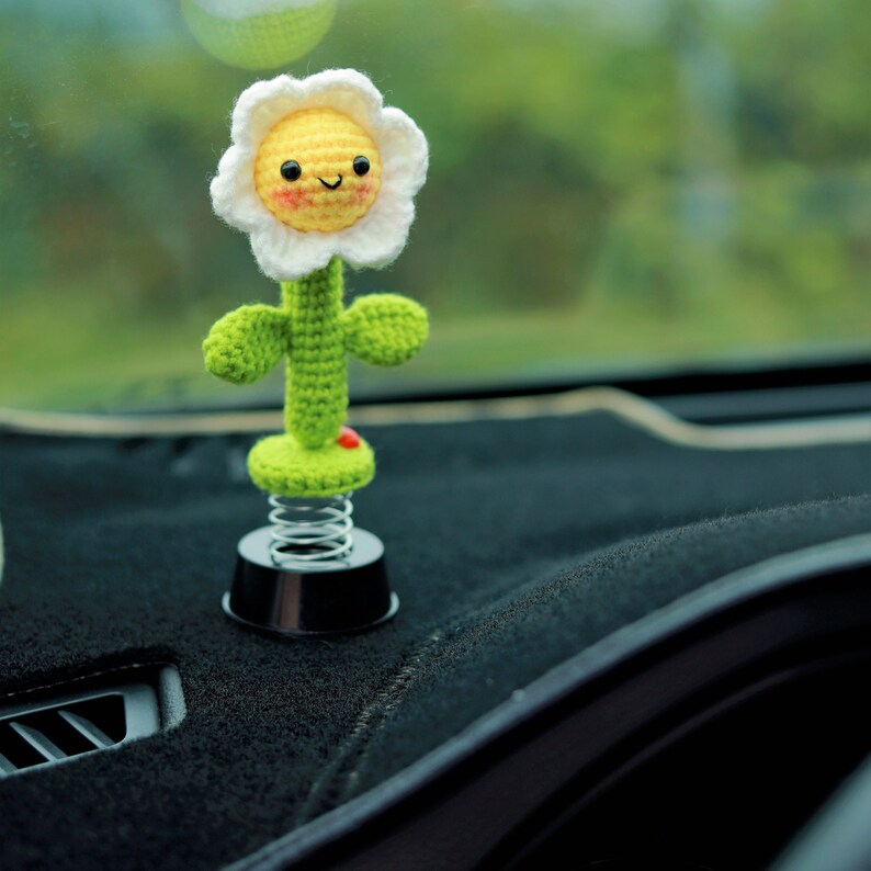 Cute Bobblehead Daisy Car Dashboard Decor Crochet Smiley Etsy
