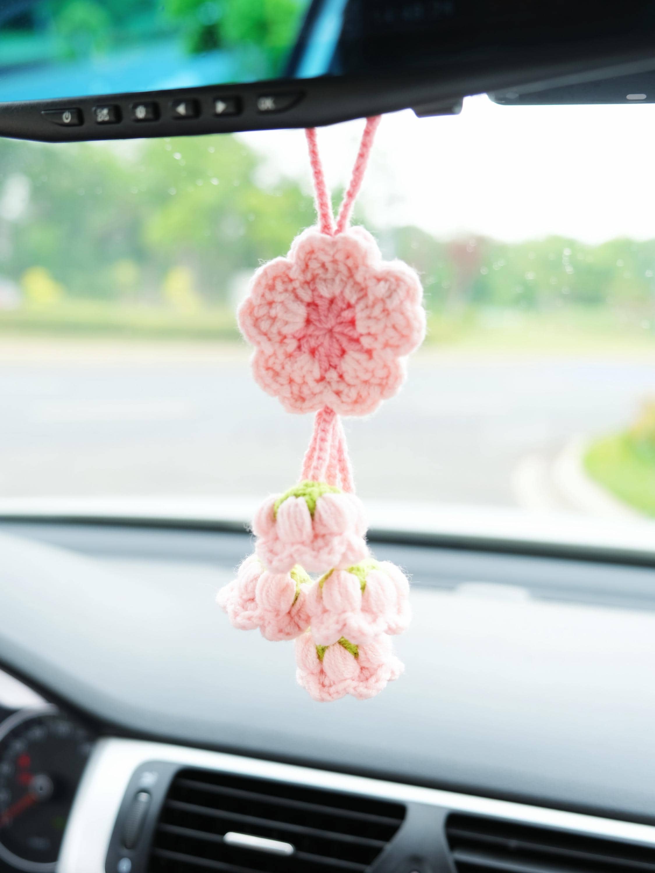 Crochet Sakura Car Mirror Hanging Accessory, Cherry Blossom & Lily