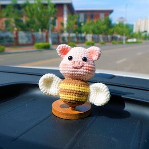 Crochet Piggy Bee Car Dashboard Decor, Cute Piggy with Wings Car Dashboard Accessory, Cute Interior Car Accessory for Women, Bee Desk Decor