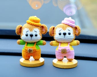 Crochet Monkey Car Dashboard Decor, Cute Car Interior Accessories, Anime Car Accessories for Women/Men/Teens/Couple, Desk Buddy