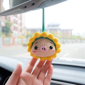 Cute Car Mirror Hanging Accessory, Crochet Sunflower/Frog/Strawberry Hat Piggy Rear View Mirror Hanging Accessory, Kawaii Car Interior Decor