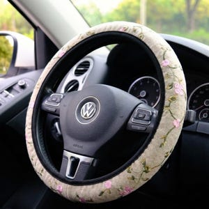 Coprivolante con ricamo floreale, coprivolante elastico con motivo floreale per donna, graziosi accessori per auto per donne/ragazze