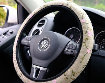 Floral Vine Embroidery Steering Wheel Cover, Elastic Floral Steering Wheel Cover for Women, Cute Car Accessories for Women/Girls