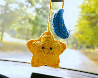 Star Moon Rear View Mirror Accessories, Crochet Car Mirror Charm, Car Mirror Hanging, Car Interior Accessories for Women/Teens/Men