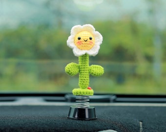 Crochet Daisy Car Dashboard Decor, Smiley Daisy Bobblehead Car Accessories for Women/Teens, Cute Car Accessories Interior, Car Air Freshener
