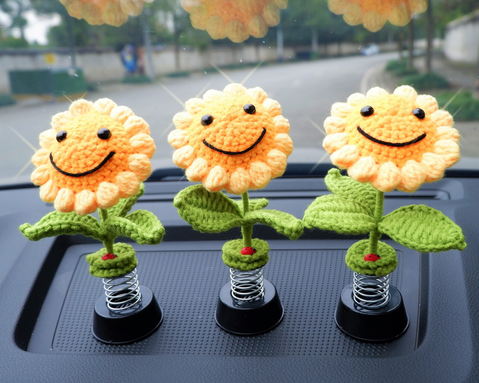 Cute Bobblehead Sunflower Car Dashboard Decor Crochet Smiley Etsy