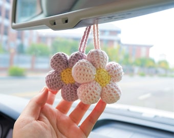 2Pcs Waffle Flower Car Mirror Hanging Accessories, Crochet Rainbow Flower Car Rear View Mirror Accessories, Car Interior Accessory for Women