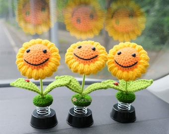 Crochet Sunflower Car Dashboard Decor, Bobblehead Smiley Sunflower Car Interior Accessories for Women, Boho Car Accessory, Car Air Freshener