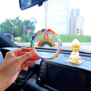 Crochet Rainbow Car Mirror Hanging Accessory, Cute Gradient Wreath Rear View Mirror Accessory, Interior Car Accessory, Girlfriend Car Gift