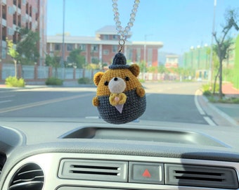 Crochet Mr.Bear Car Mirror Hanging Accessories, Car Rear Mirror Accessories, Cute Car Accessories for Women, Kawaii Car Decoration Interior