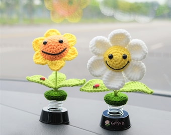 Gehäkelte Sonnenblume / Gänseblümchen-Armaturenbrett-Dekor, Smiley-Daisy-Autozubehör für Frauen, niedliches Autozubehörinnenraum, Auto-Lufterfrischer