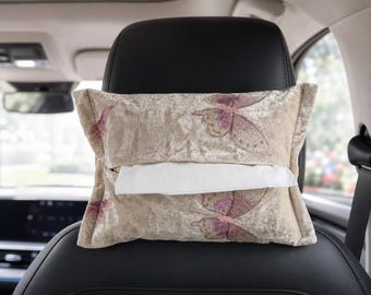 Butterfly Car Tissue Box Cover, Embroidery Velvet Car Tissue Holder, Cute Car Accessories for Women/Teens, Boho Car Interior Decor
