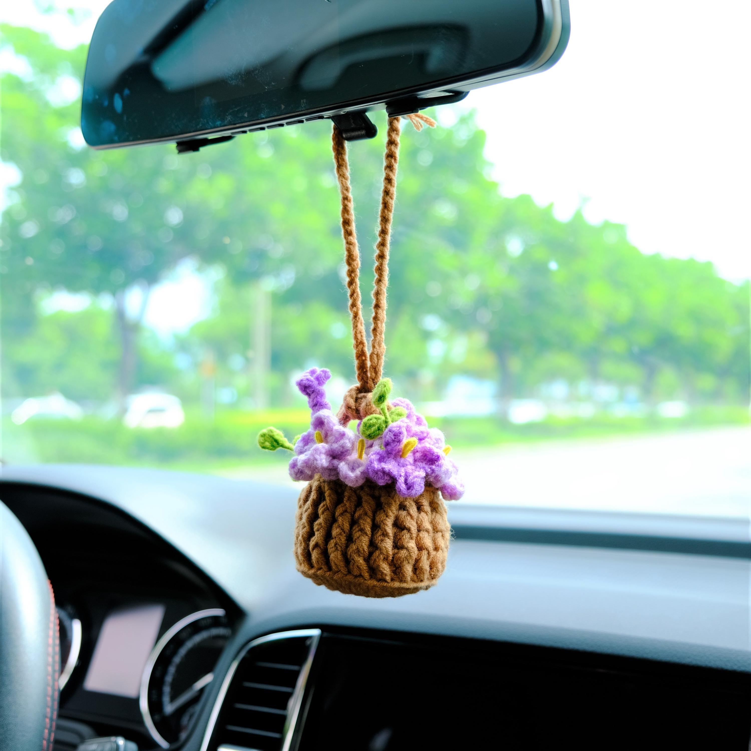 Crochet Forget Me Not Rearview Mirror Accessories, Blue/purple