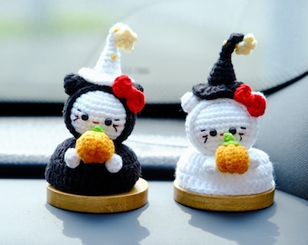 Crochet Kawaii Witch Cat Car Dashboard Decor, Amigurumi Halloween Pumpkin Kitty Plush, Halloween Spooky Cute Car Accessories