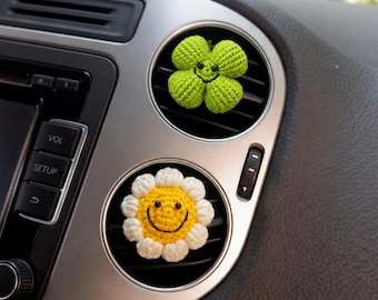 Crochet Sunflower & Lucky Clover Car Vent Clips, Smiley Plant Car Air Freshener Diffuser, Cute Car Interior Accessories for Women/Teens