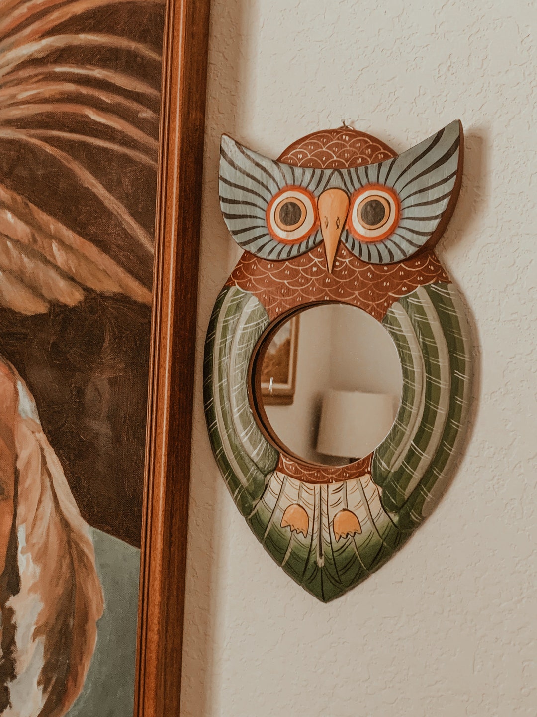 Vintage Carved Wood Owl Mirror,folk Art Wooden Mirror,owls,owl Mirror