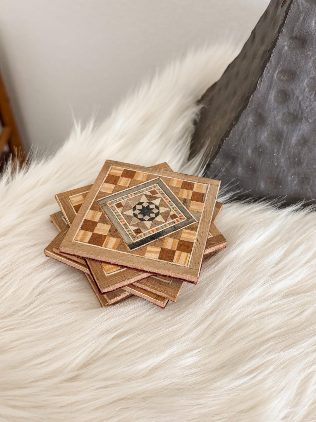 Coaster Inlay Design Vintage Mosaic Inlay Wood Coaster Set,coasters,set of 6,trays,wooden ...