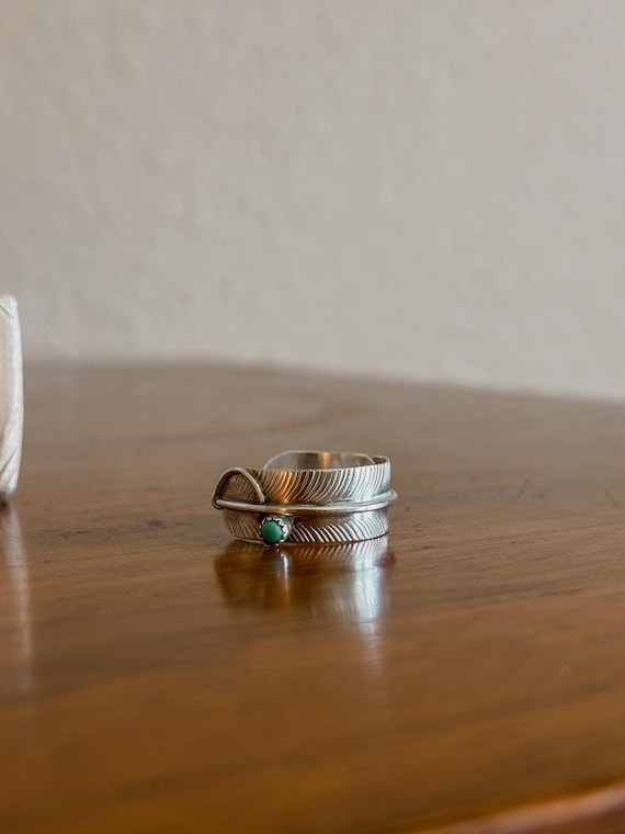 Native Sterling Silver Feather ring,Sterling Silver Feather Ring,Native Band Ring,Feather Turquoise Ring,Southwestern Style,Adjustable Ring
