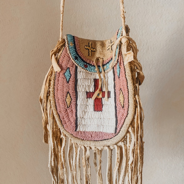 Handmade Leather Fringe Purse,Beaded Native Bag,Fringe Bag,Beaded Tobacco Bag,Purse,Christmas Gift,Native American Style Bag,Purse