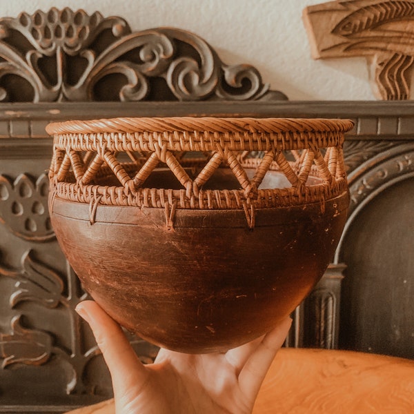 Vintage Wooden Bowl,Rattan Bowl,Wicker Bowl,Fruit Bowl,Shelf Decor,Home Decor,Unique Bowl,Southwestern Style,Bowl,Decorative Bowl