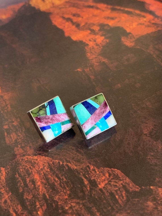 Native American Sterling Inlay Stud Earrings,Nati… - image 6
