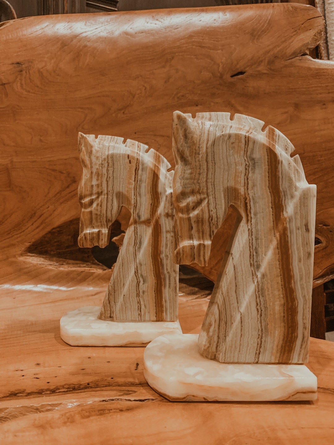 Vintage Carved Onyx Horse Head Bookends, Horse Statue,bookends,library