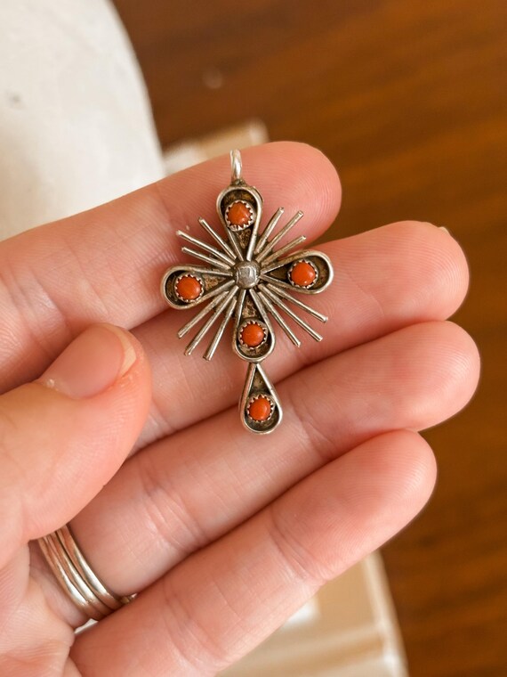 Vintage Zuni Cross Pendant,Zuni,Sterling Pendant,Turquoise Cross,Coral Jewelry,Zuni Style Pendant,Native American Jewelry,Old Pawn Coral