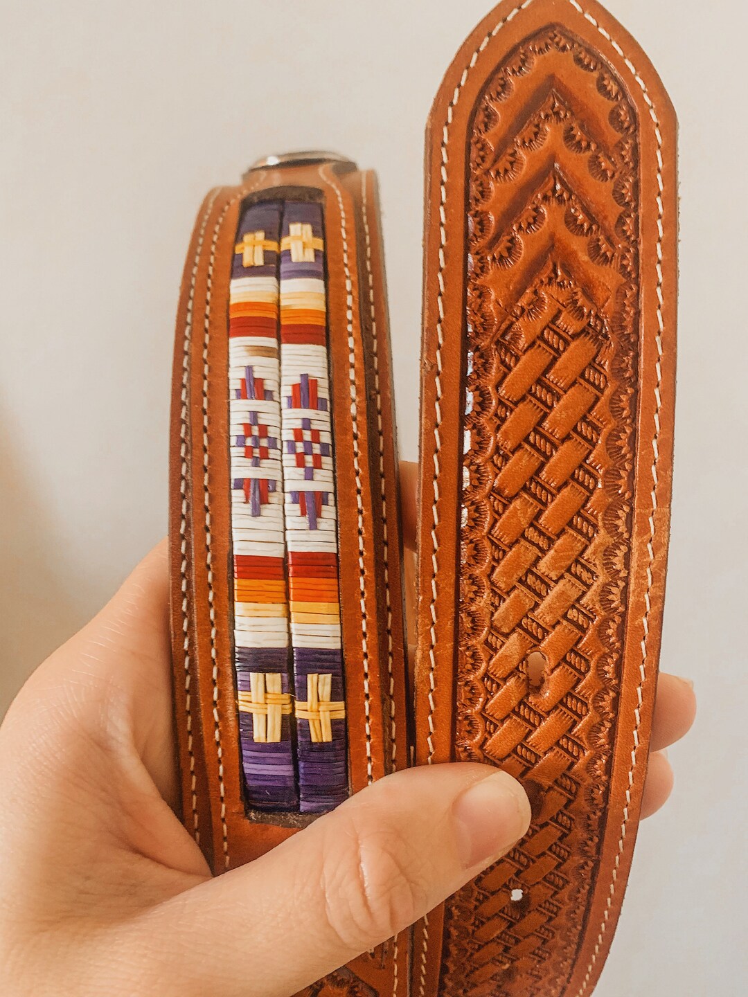 Tooled Leather Quillwork Beltnative American Quillwork Etsy