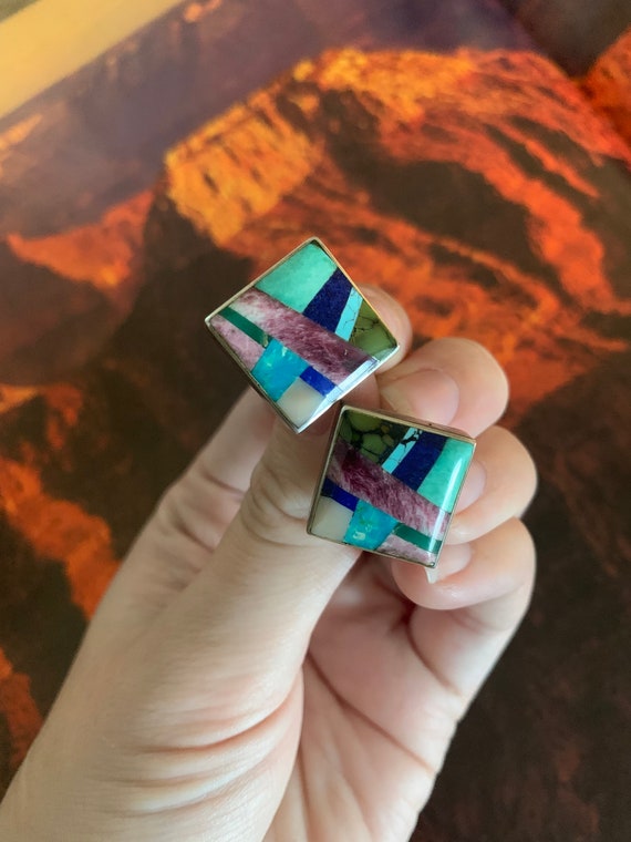 Native American Sterling Inlay Stud Earrings,Nati… - image 2