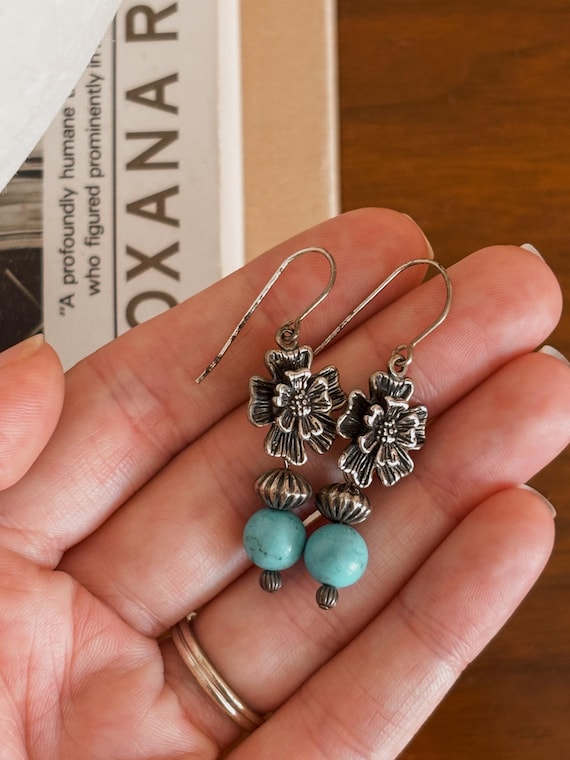 Sterling Silver Flower Earrings,Dangle Earrings,Turquoise Earrings,Gift For Her, Sterling Silver Jewelry,925,Shubes Jewelry,Turquoise