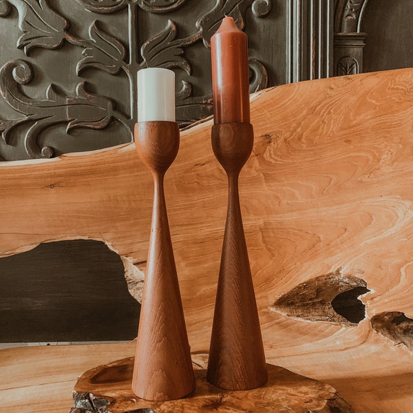 Madera de teca vintage, portavelas de madera de teca, MCM, teca MCM, madera MCM, decoración navideña, portavelas, juego de dos, velas danesas