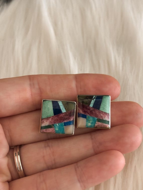 Native American Sterling Inlay Stud Earrings,Nati… - image 1