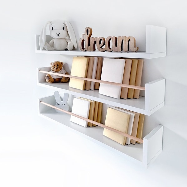 White Floating Shelves Nursery, Scandinavian Shelves for Girls Room, Cute Floating Shelf with Rod, Wall Bookshelf Kids, White Bookshelves